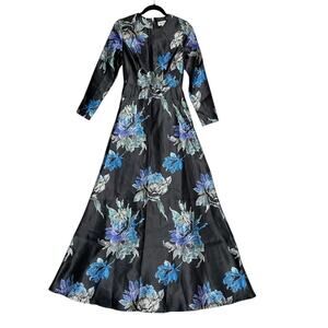 Faeriesty Long Party Dress Size S Black Blue Silver Flowers Polyester Lined NEW